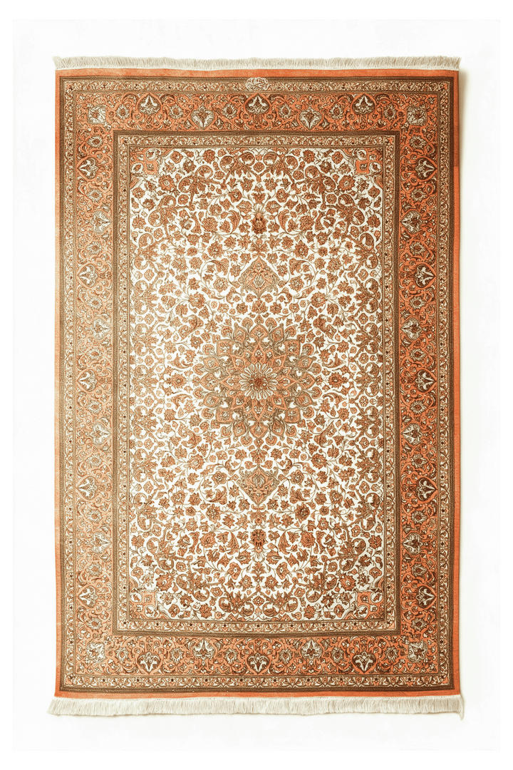 Ivory Persian Qum Silk Rug, medallion design, hand-knotted, 100×160cm