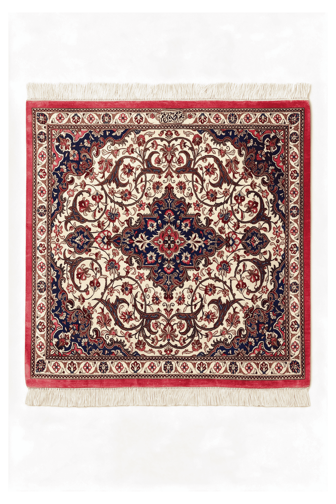 Ivory Persian Qum Silk Rug, medallion design, hand-knotted, 61×77cm