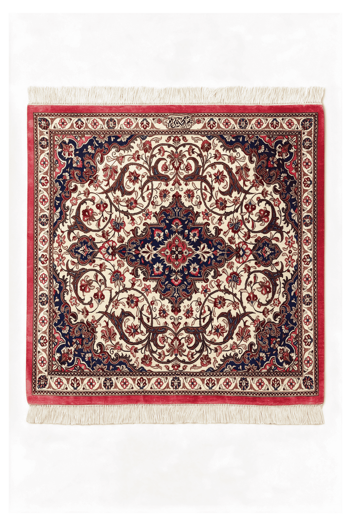 Ivory Persian Qum Silk Rug, medallion design, hand-knotted, 61×77cm