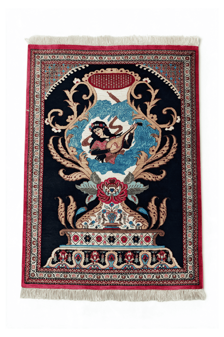 Navy Blue Persian Qum Silk Rug, pictorial design, hand-knotted, 55×65cm