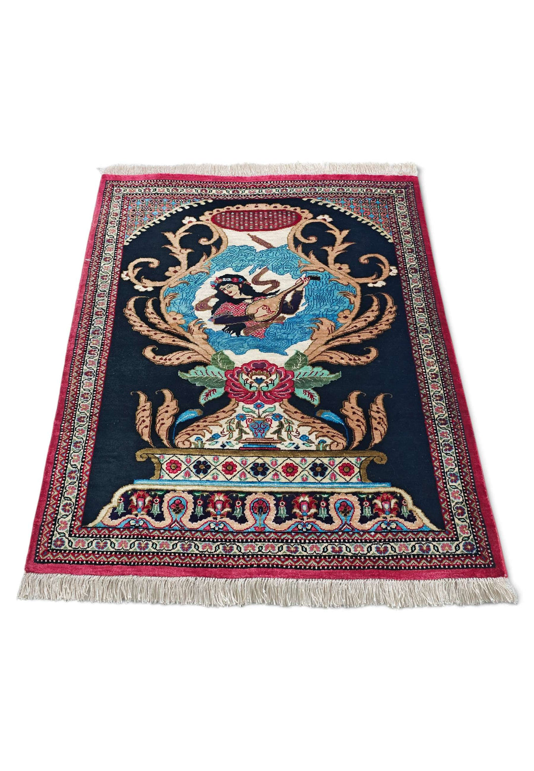 Navy Blue Persian Qum Silk Rug, hand-knotted, 55×65cm, photo 3