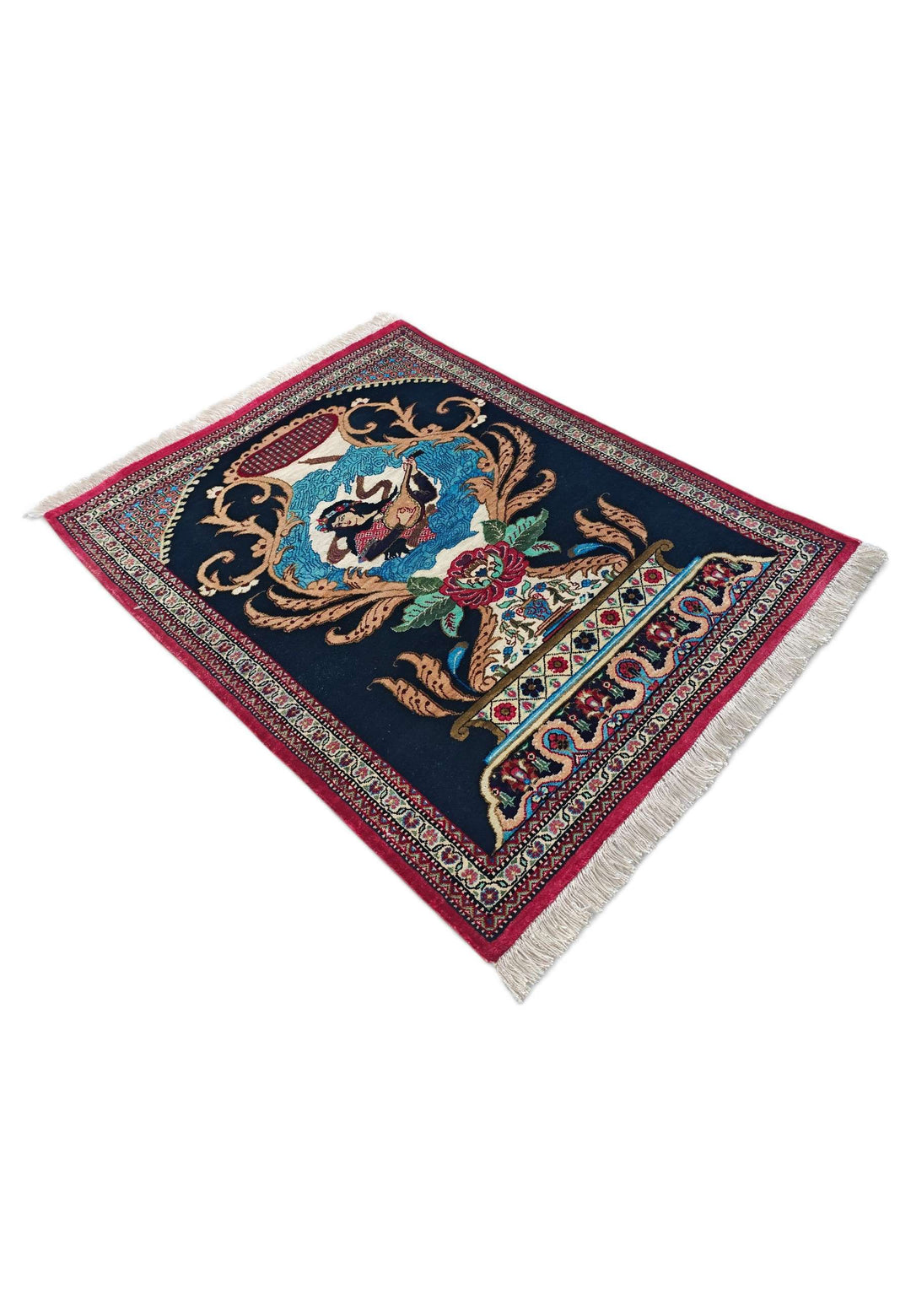 Navy Blue Persian Qum Silk Rug, hand-knotted, 55×65cm, photo 4