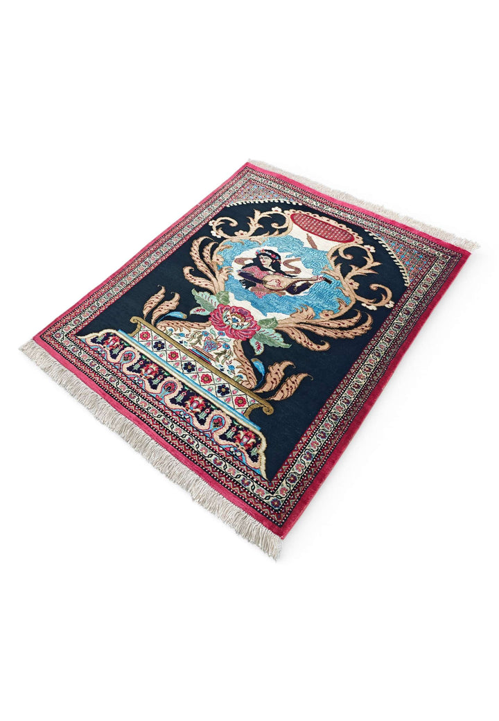 Navy Blue Persian Qum Silk Rug, hand-knotted, 55×65cm, photo 5