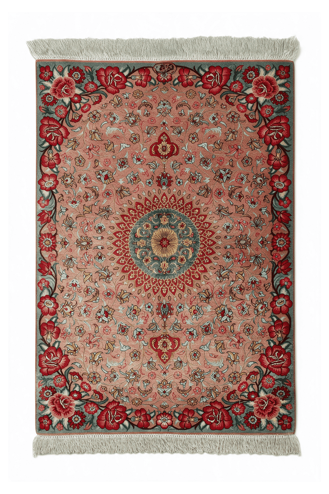 Peach Persian Qum Silk Rug, medallion design, hand-knotted, 62×92cm