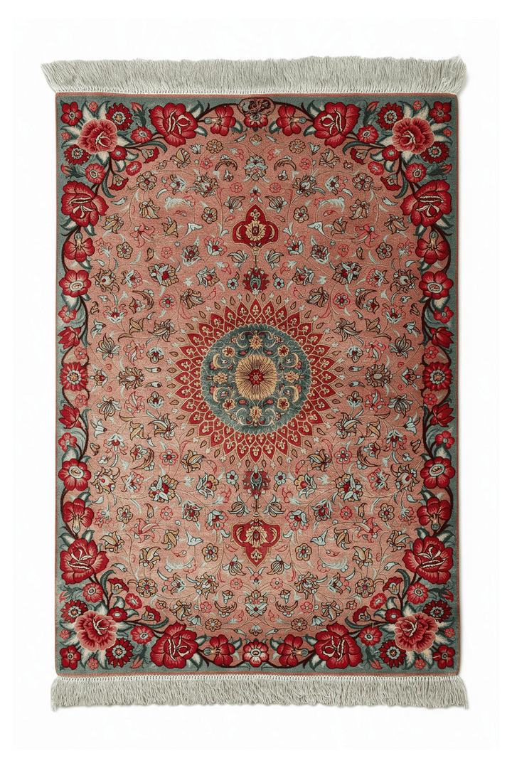 Peach Persian Qum Silk Rug, medallion design, hand-knotted, 62×92cm