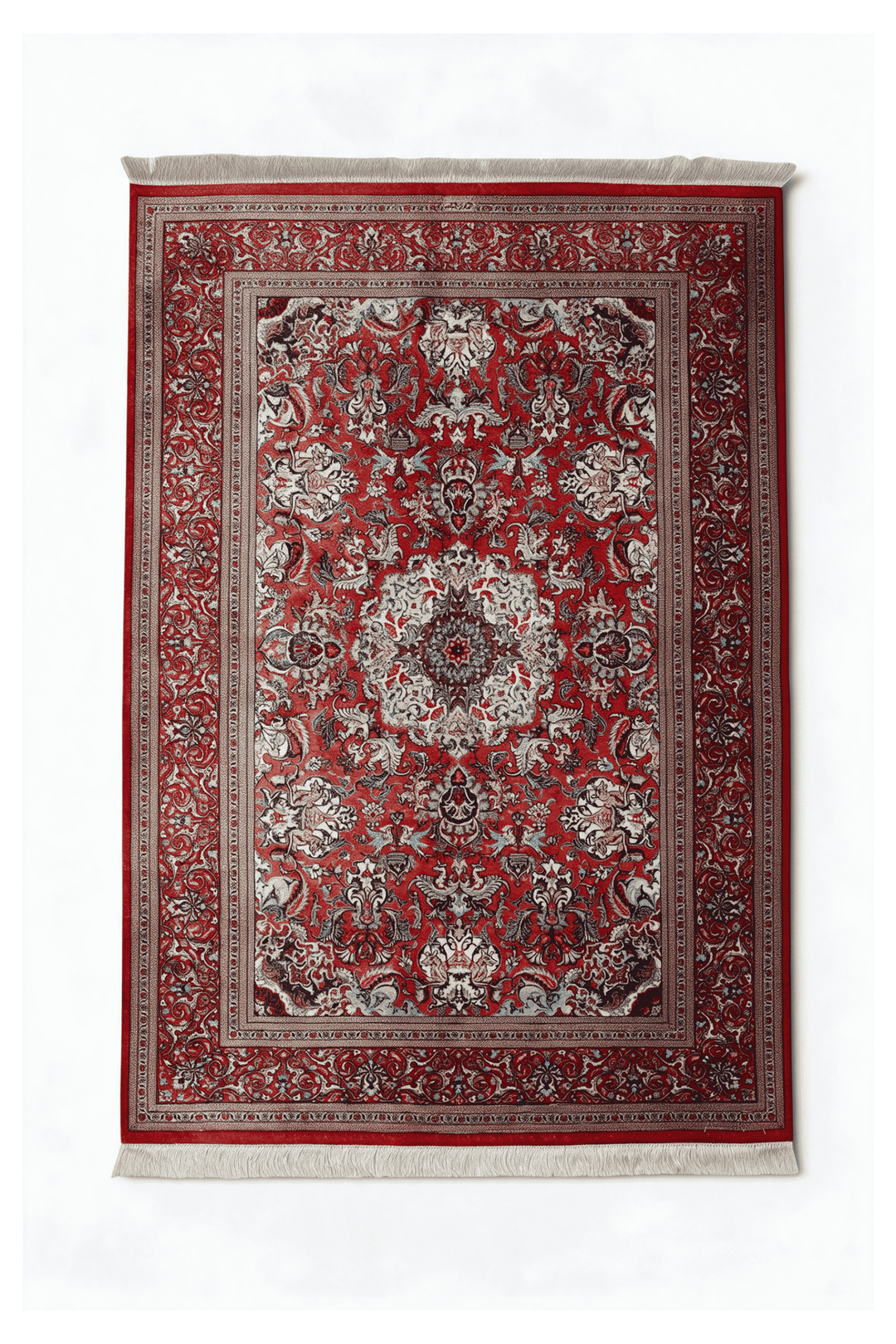 Red Persian Qum Silk Rug, medallion design, hand-knotted, 105×150cm