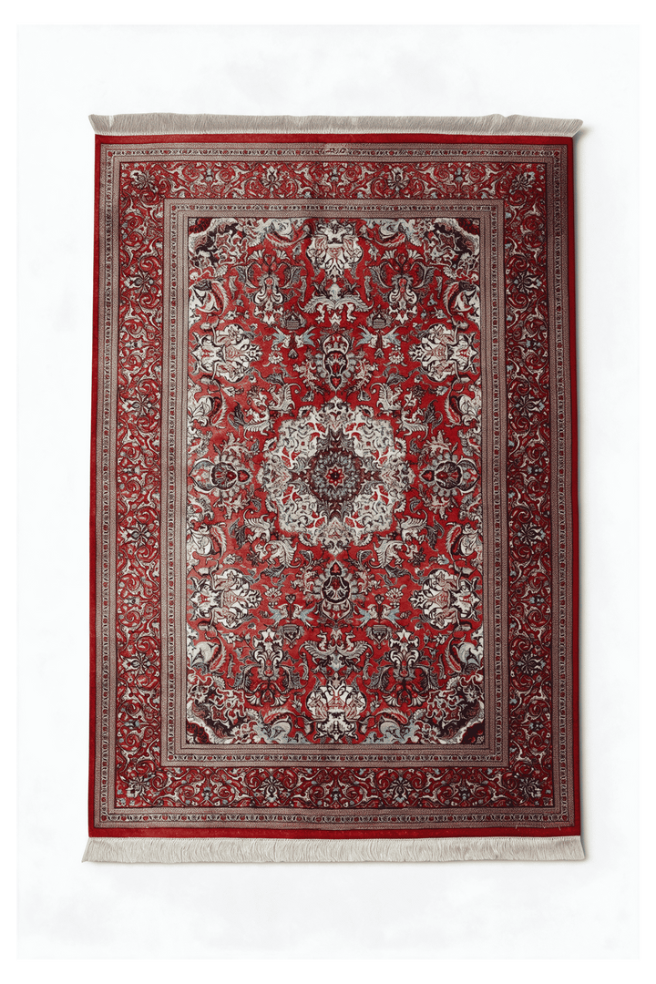 Red Persian Qum Silk Rug, medallion design, hand-knotted, 105×150cm