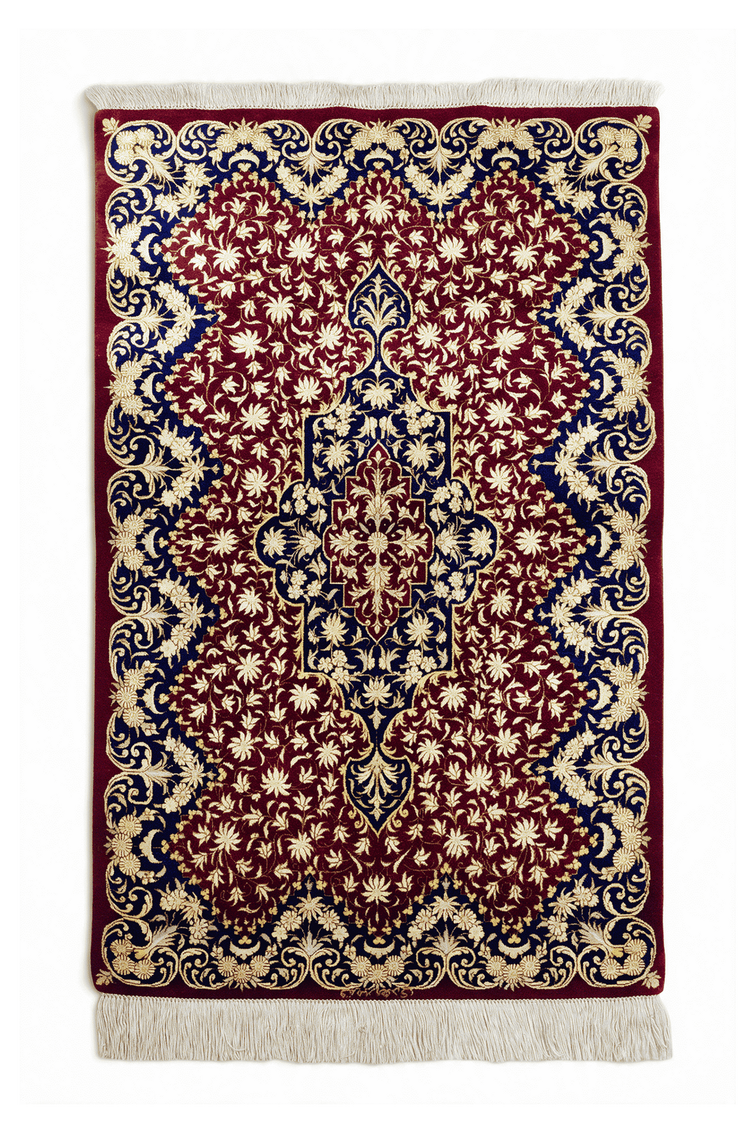Red Persian Qum Silk Rug, medallion design, hand-knotted, 57×96cm