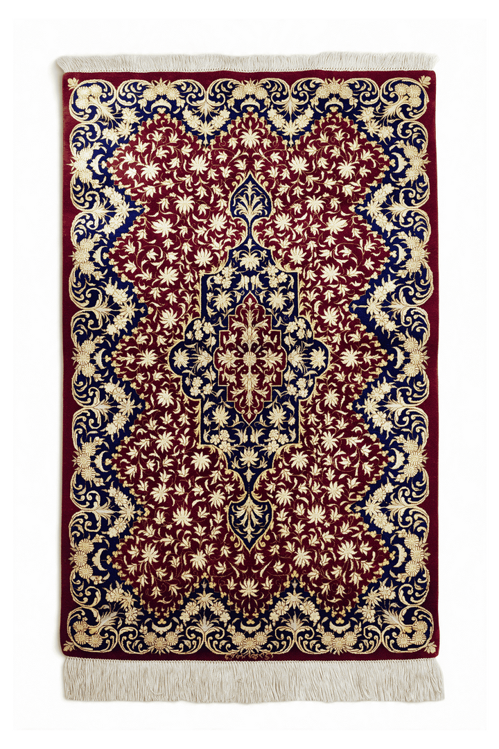 Red Persian Qum Silk Rug, medallion design, hand-knotted, 57×96cm