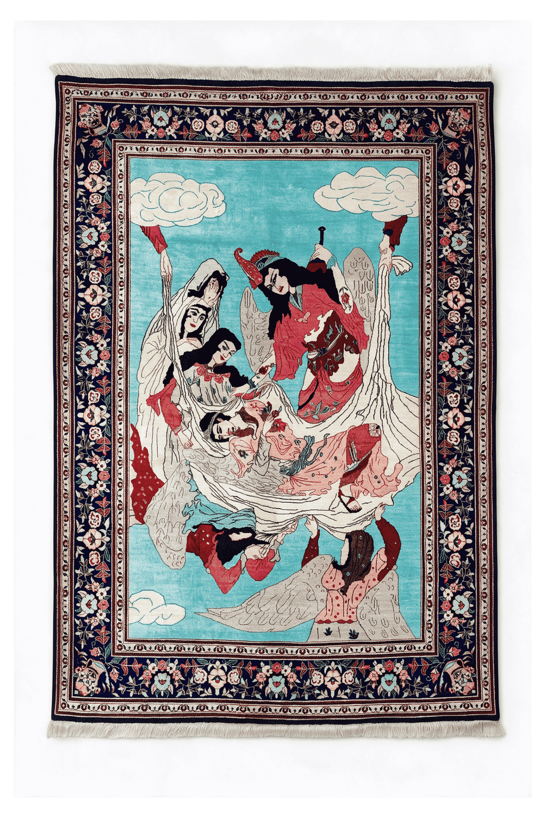 Turquoise Persian Qum Silk Rug, pictorial design, hand-knotted, 100×150cm