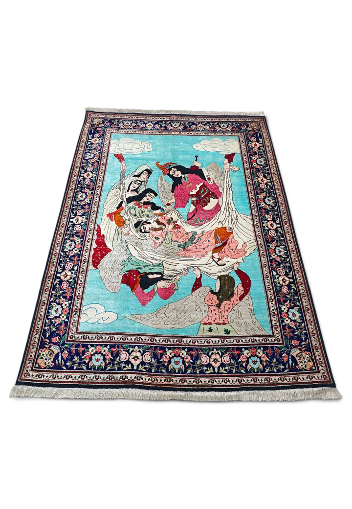 Turquoise Persian Qum Silk Rug, hand-knotted, 100×150cm, photo 3