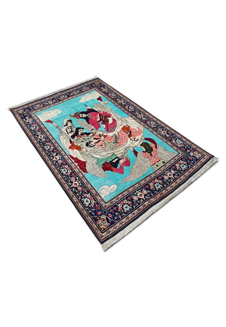 Turquoise Persian Qum Silk Rug, hand-knotted, 100×150cm, photo 4