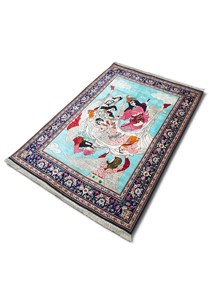 Turquoise Persian Qum Silk Rug, hand-knotted, 100×150cm, photo 5
