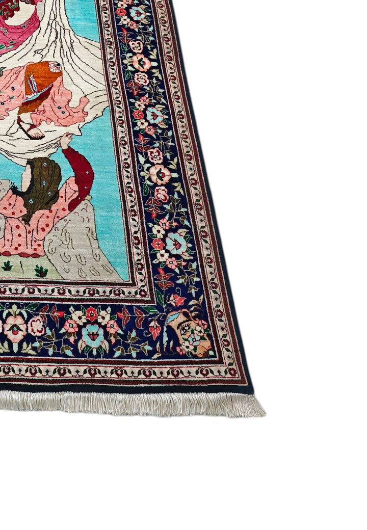 Turquoise Persian Qum Silk Rug, hand-knotted, 100×150cm, photo 6