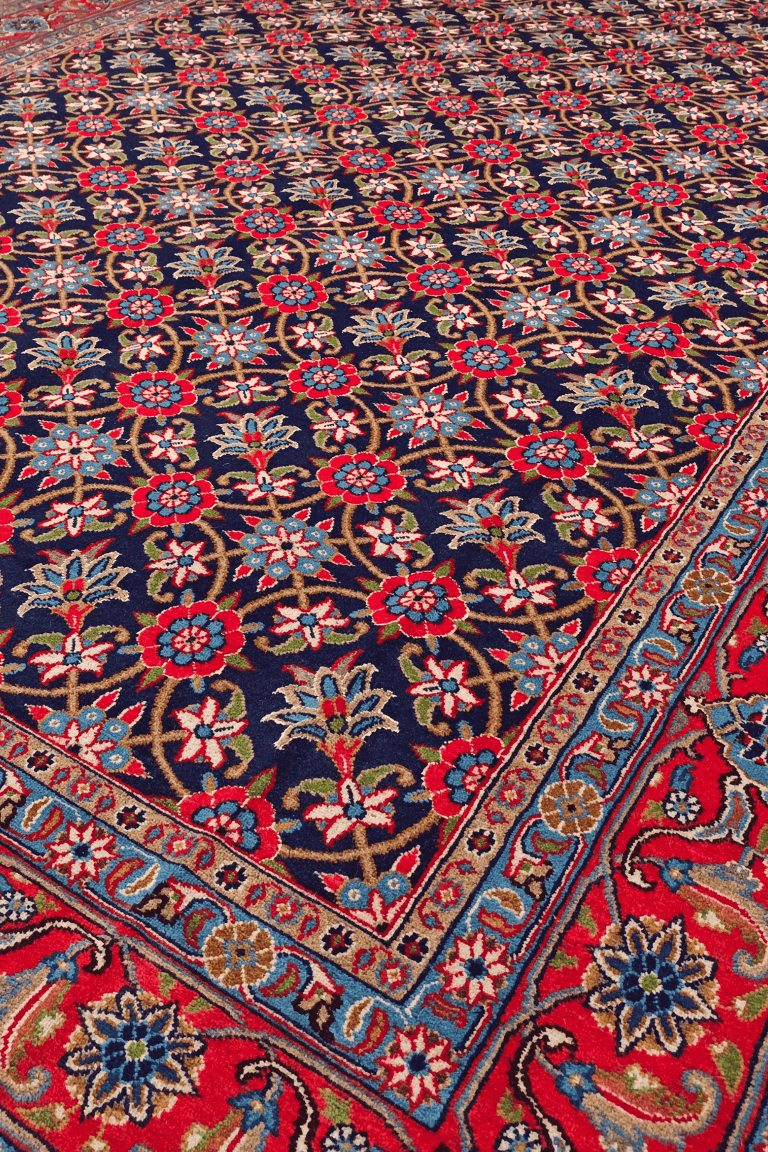 Border detail of navy mahi Sabzevar rug