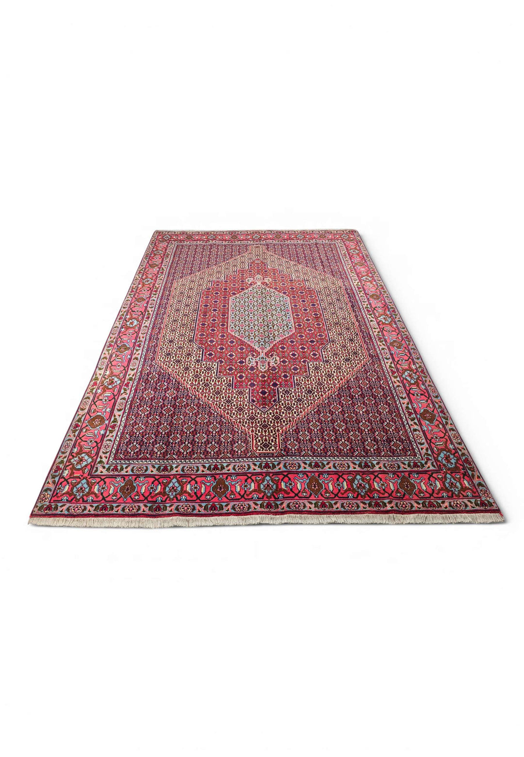 Hand-knotted wool pile of red Sabzevar rug, 200×309cm
