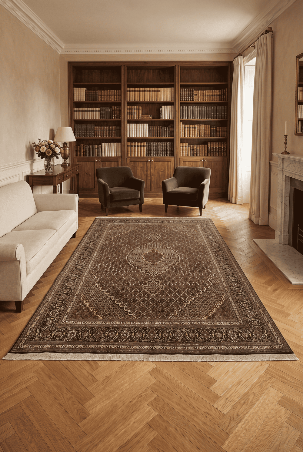 Mahi medallion detail in brown on Persian Tabriz rug