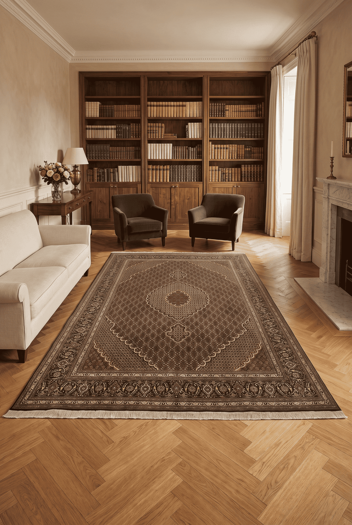 Mahi medallion detail in brown on Persian Tabriz rug