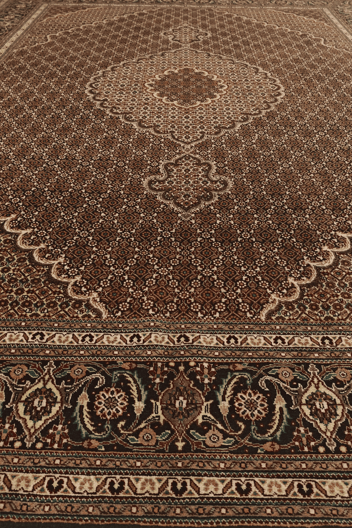 Hand-knotted wool pile of brown Tabriz rug, 205×295cm
