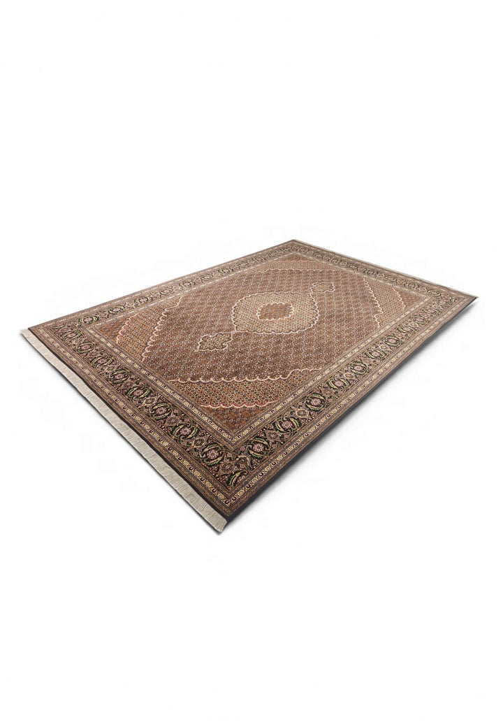 One-of-a-kind brown mahi medallion Persian Tabriz rug