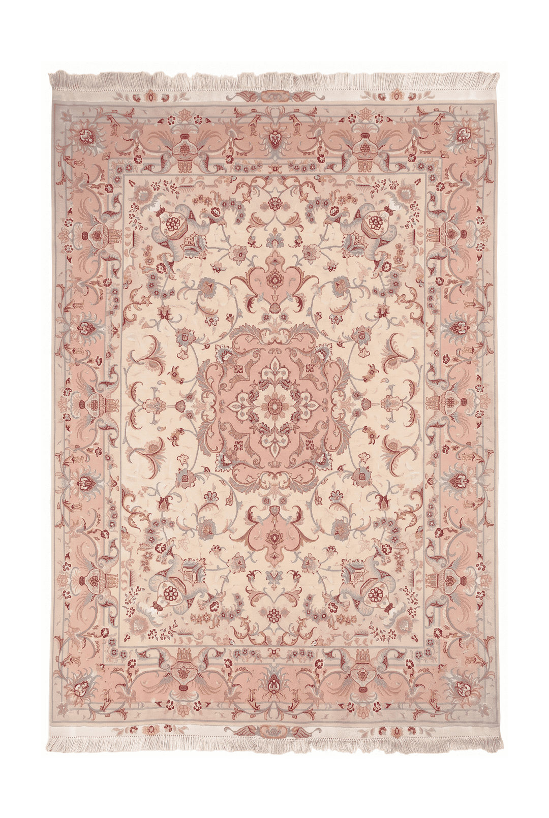 Cream and rose pink vase border Tabriz rug, 151×202cm, signed