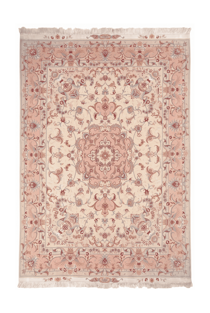 Cream and rose pink vase border Tabriz rug, 151×202cm, signed