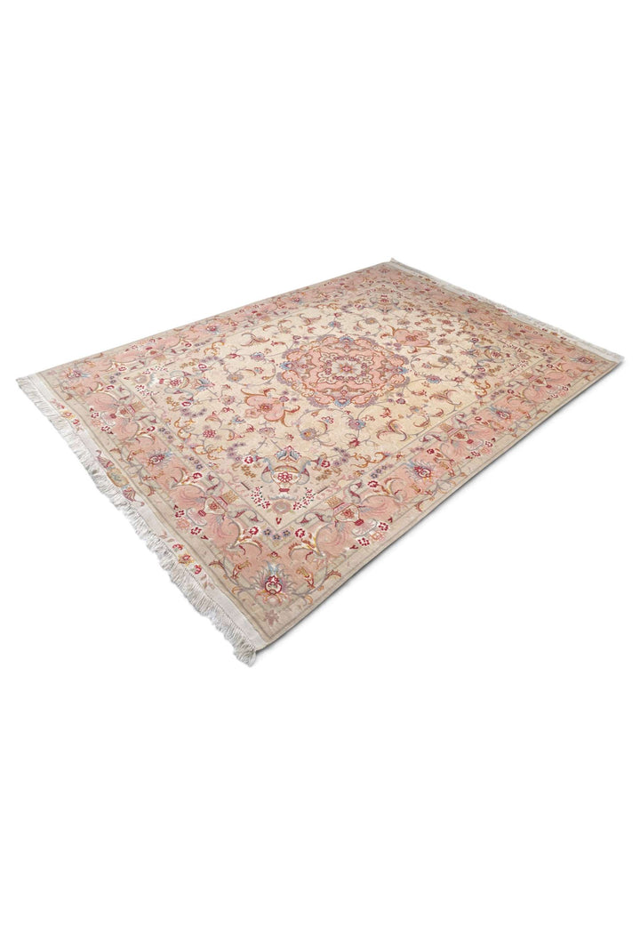 Hand-knotted wool pile of cream rose vase Tabriz rug