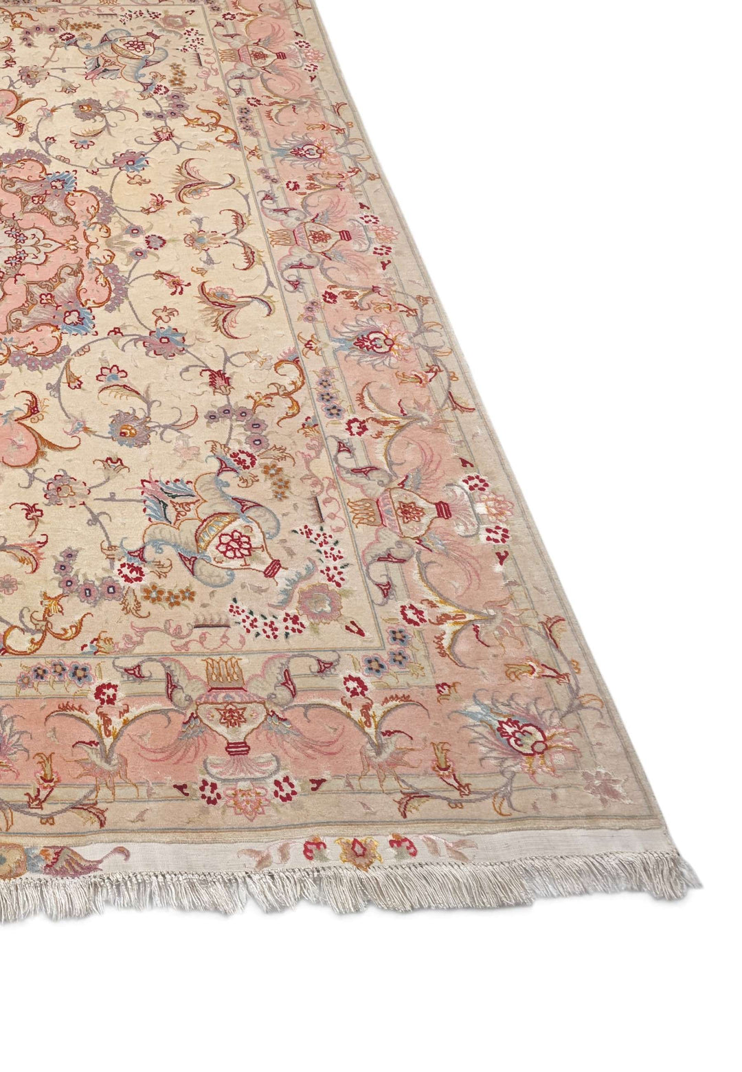 Hand-knotted Persian Tabriz rug with vase border design