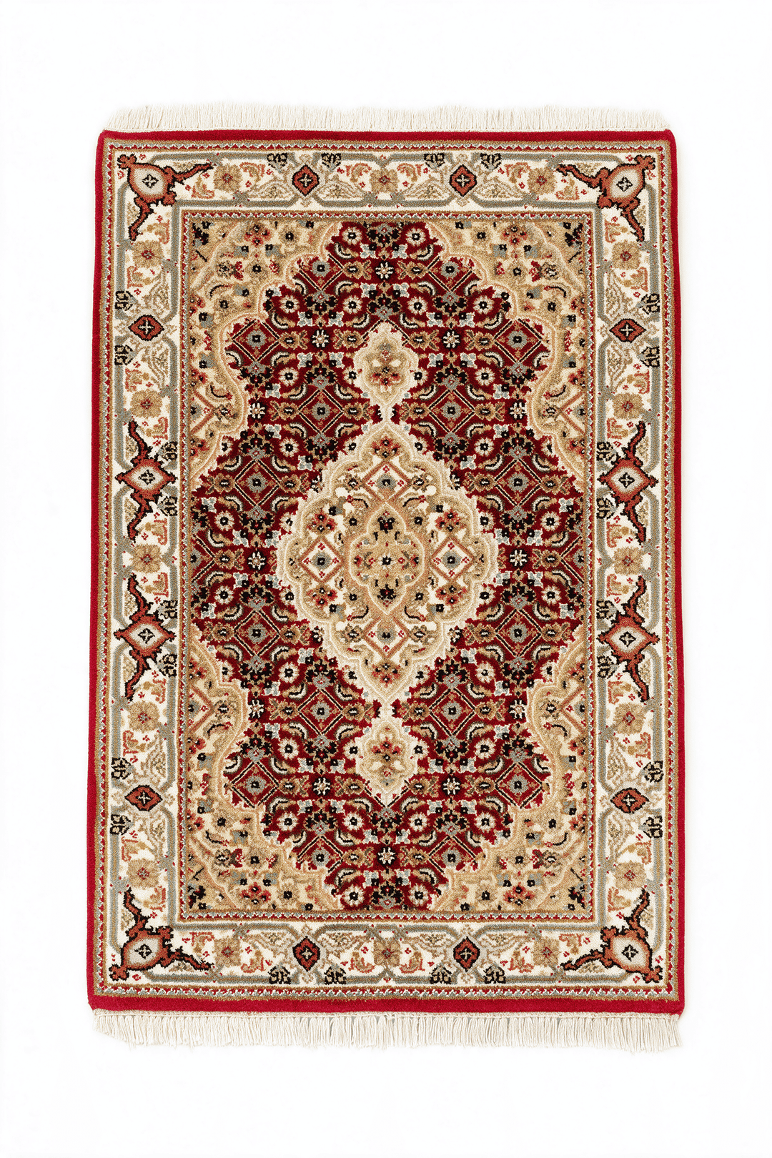 Brick red and sandstone mahi Tabriz rug, 62×90cm, entrance mat