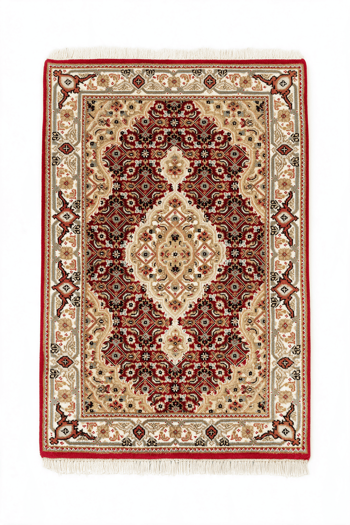 Brick red and sandstone mahi Tabriz rug, 62×90cm, entrance mat
