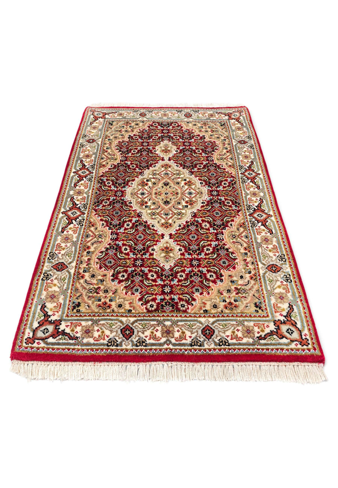 Border detail of brick red mahi Tabriz hand-knotted rug