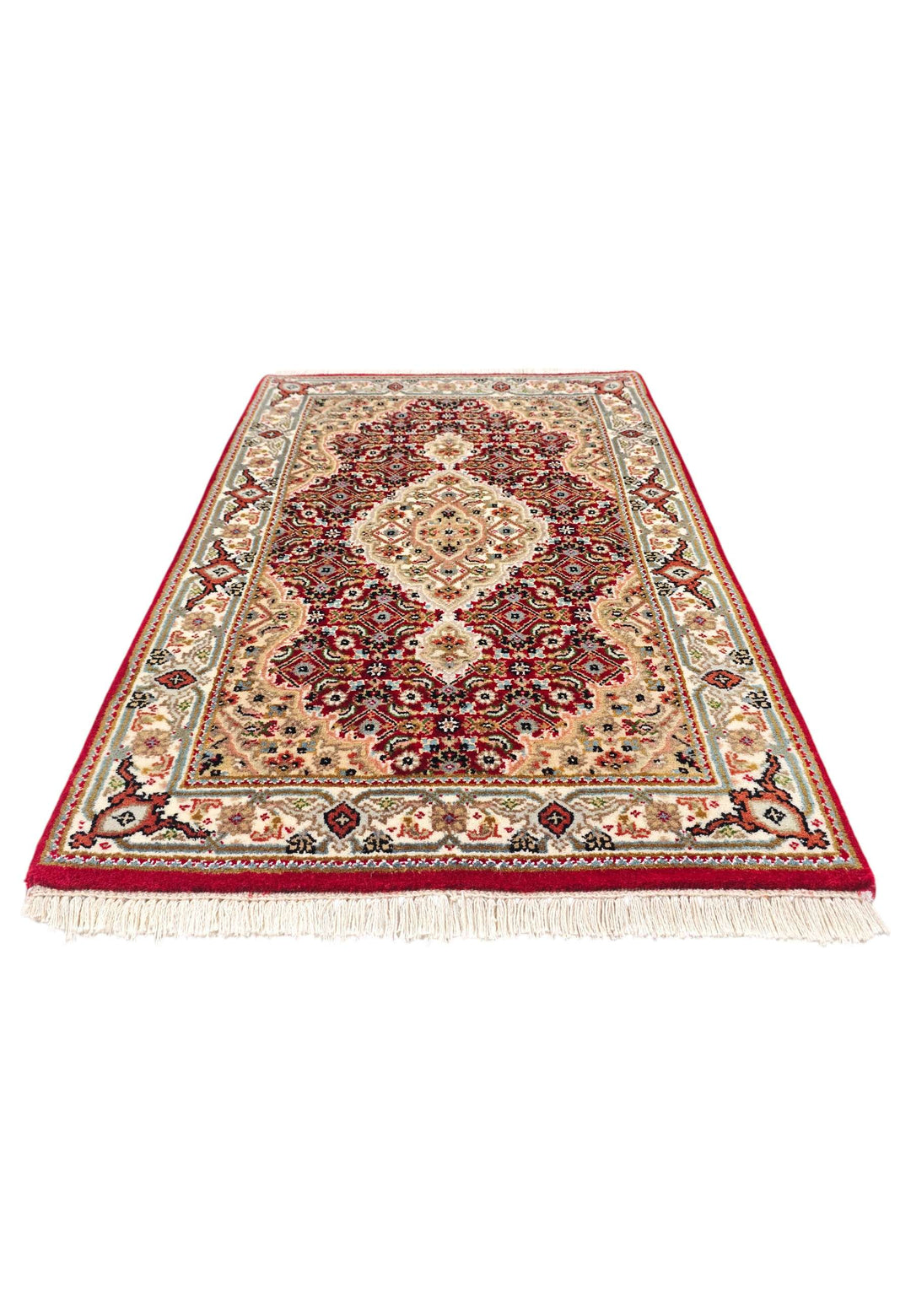 Hand-knotted wool pile of brick red Tabriz rug, 62×90cm