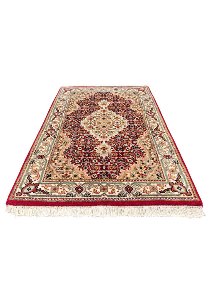 Hand-knotted wool pile of brick red Tabriz rug, 62×90cm