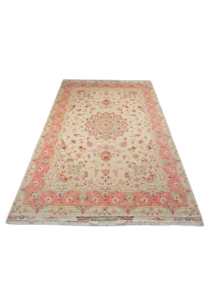 Hand-knotted wool pile of cream coral Tabriz rug, 200×301cm