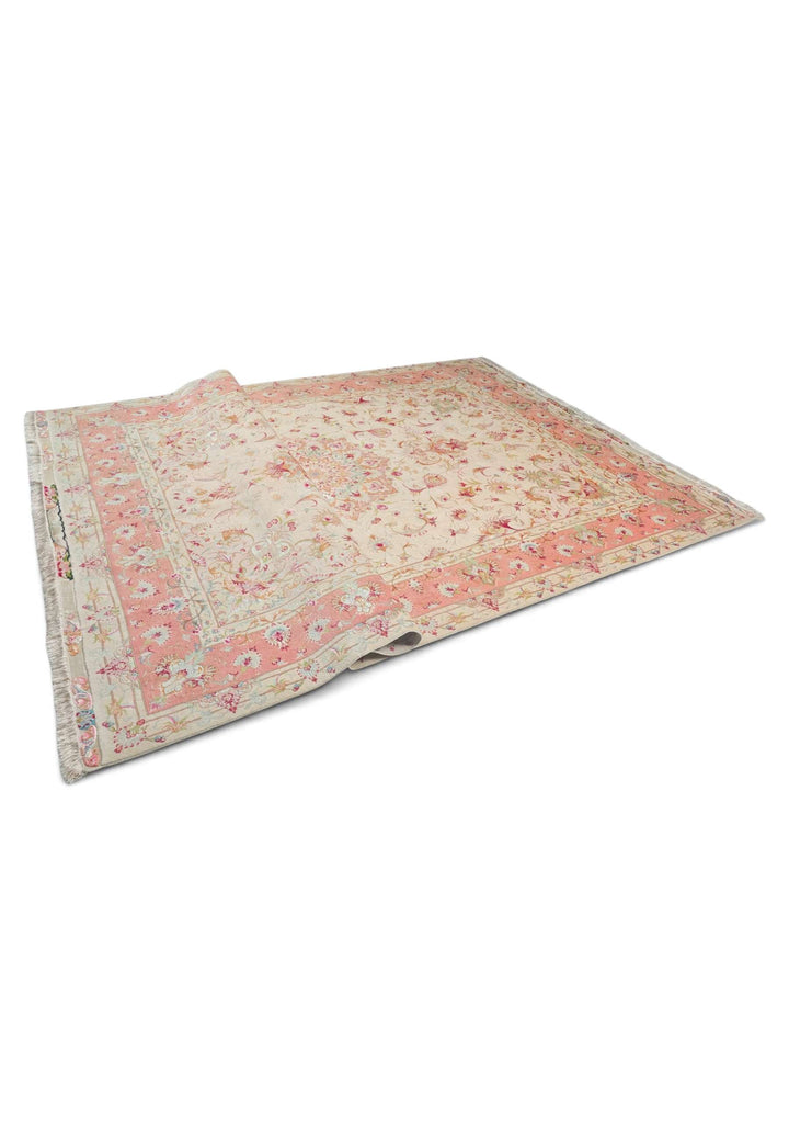 One-of-a-kind cream and coral medallion Tabriz rug