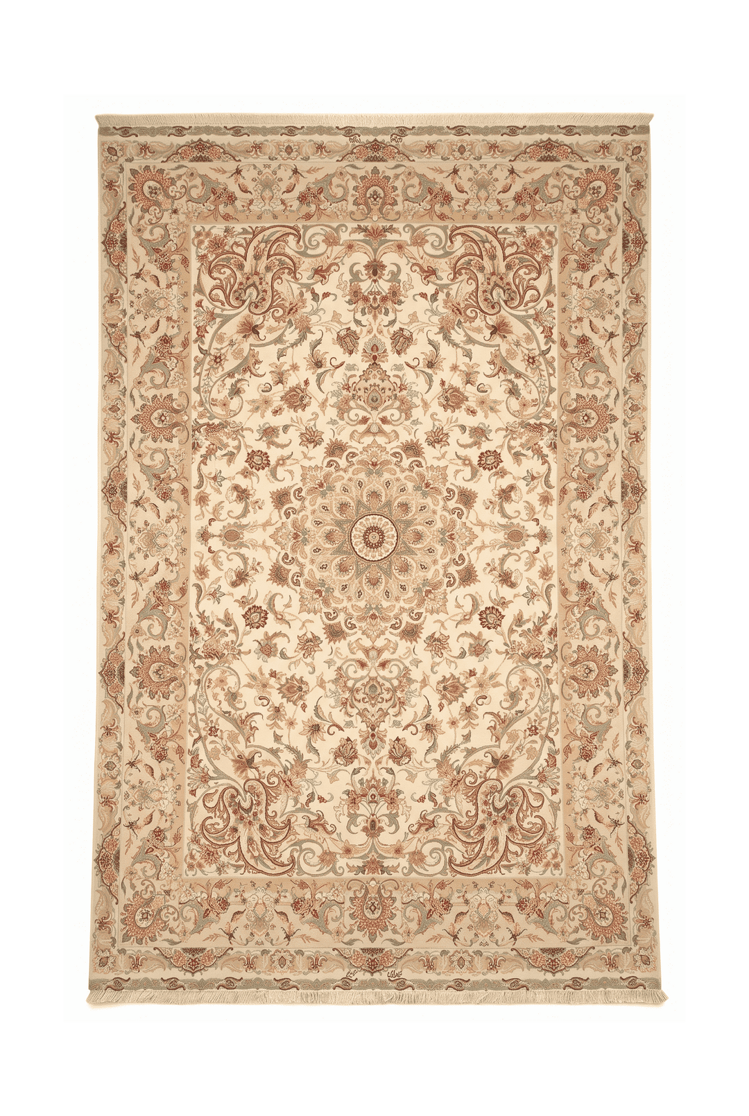 Cream and gold radiating medallion Tabriz rug, 204×308cm