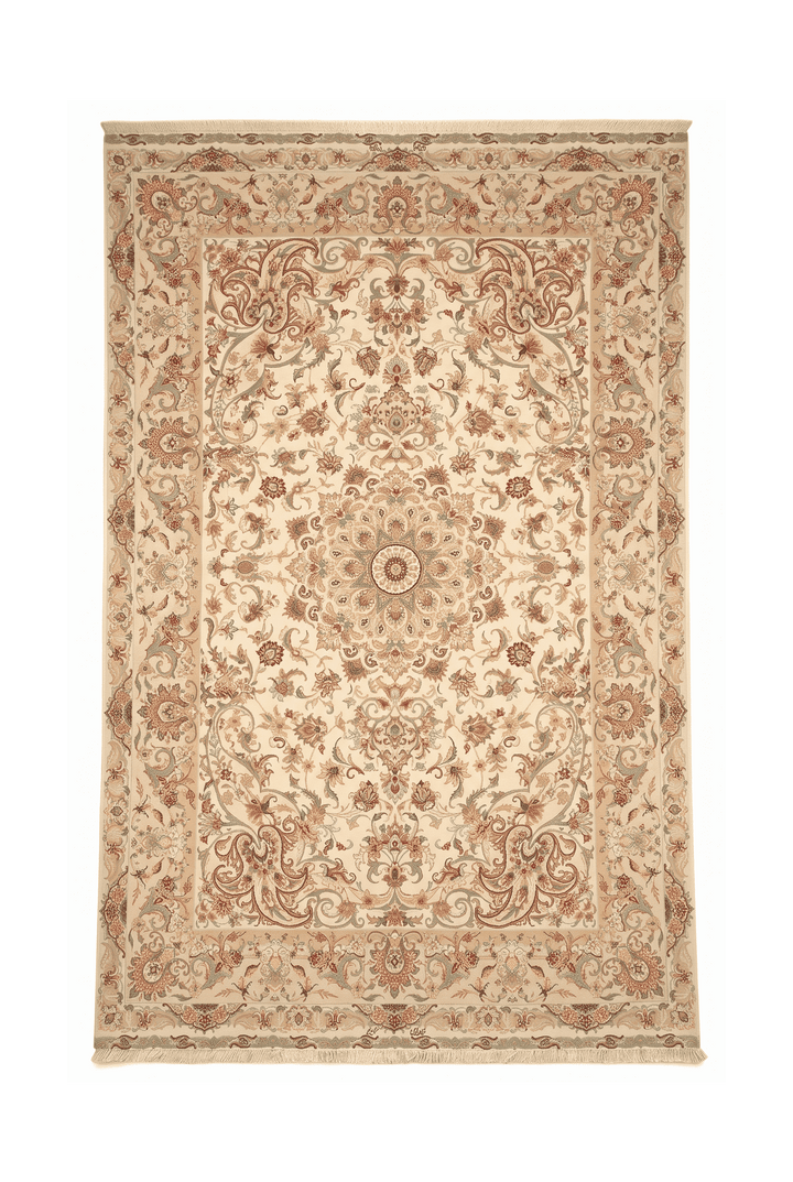 Cream and gold radiating medallion Tabriz rug, 204×308cm