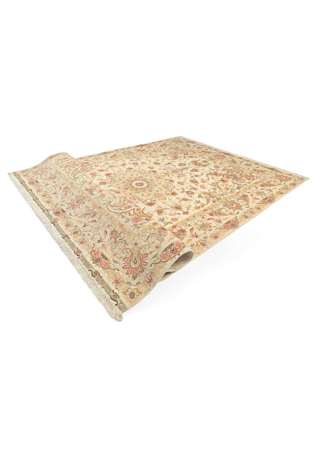 Fringe of cream and gold Persian Tabriz rug