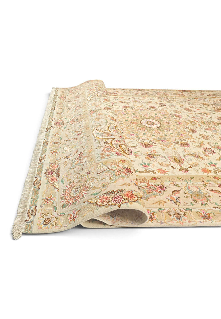 Cream gold Tabriz rug detail, Persian wool