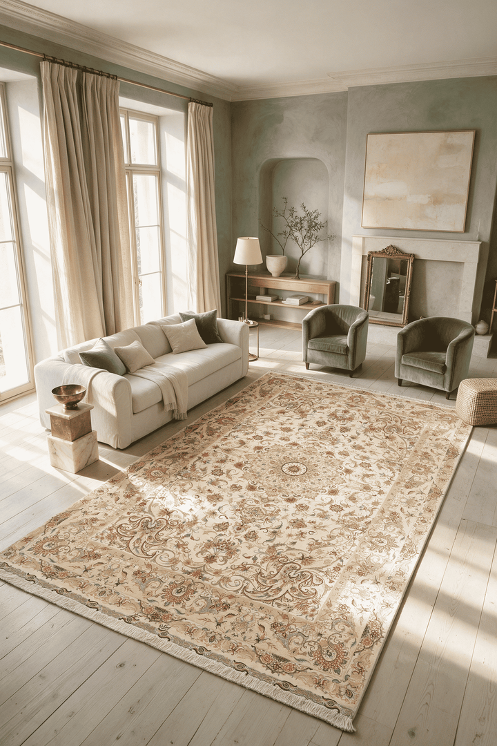 Radiating medallion detail in cream and gold on Tabriz rug