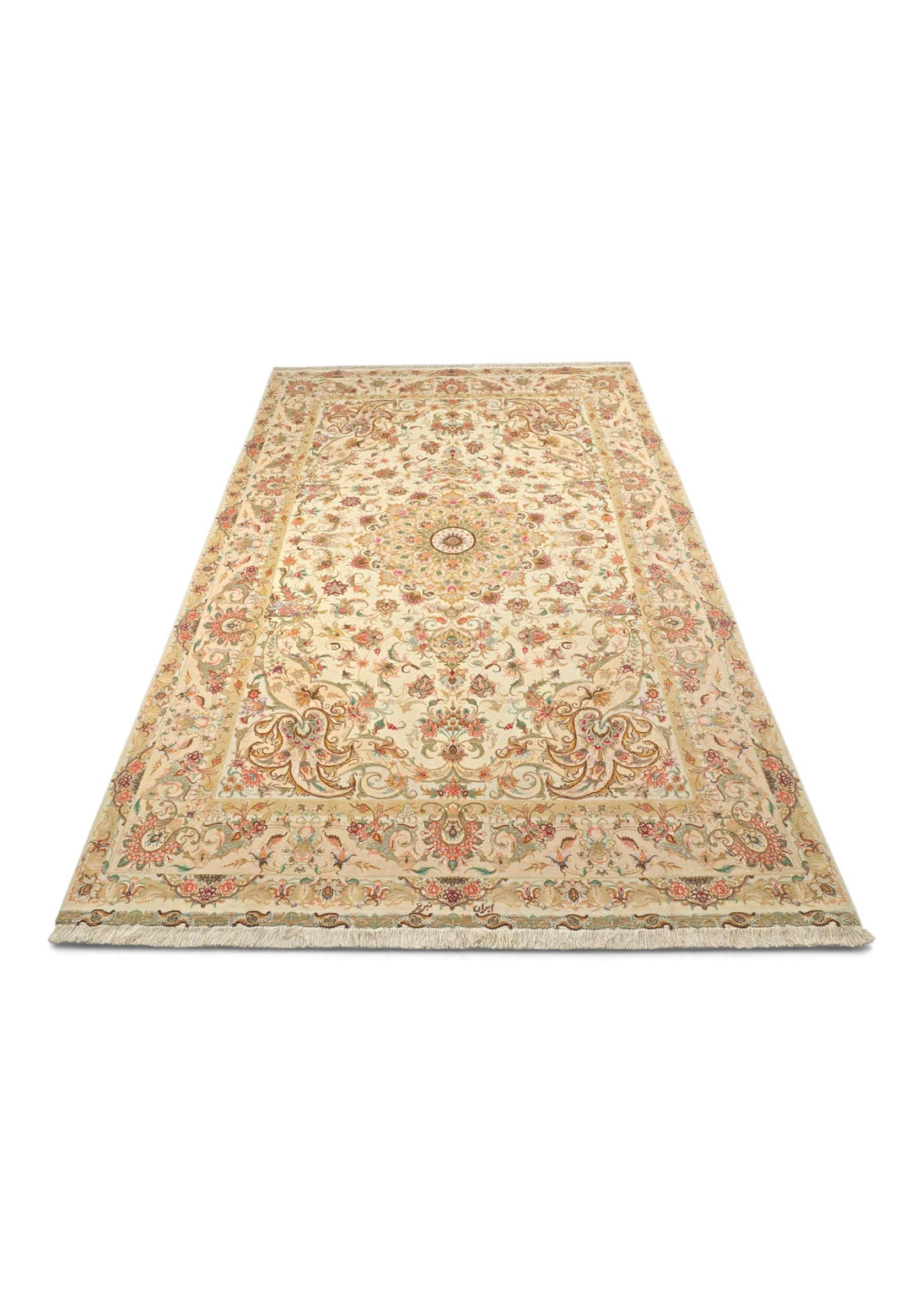 Hand-knotted wool pile of cream gold Tabriz rug, 204×308cm