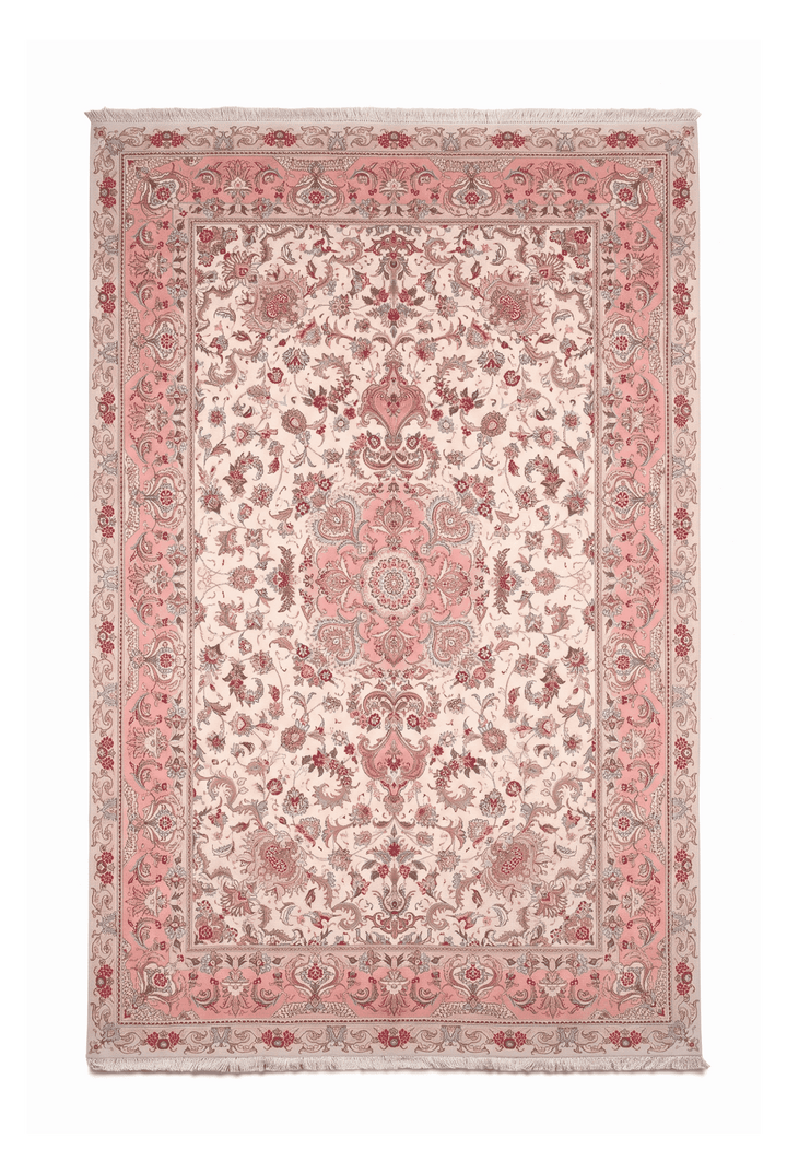 Cream and rose pink medallion Tabriz rug, 205×305cm, 4.5 tatami