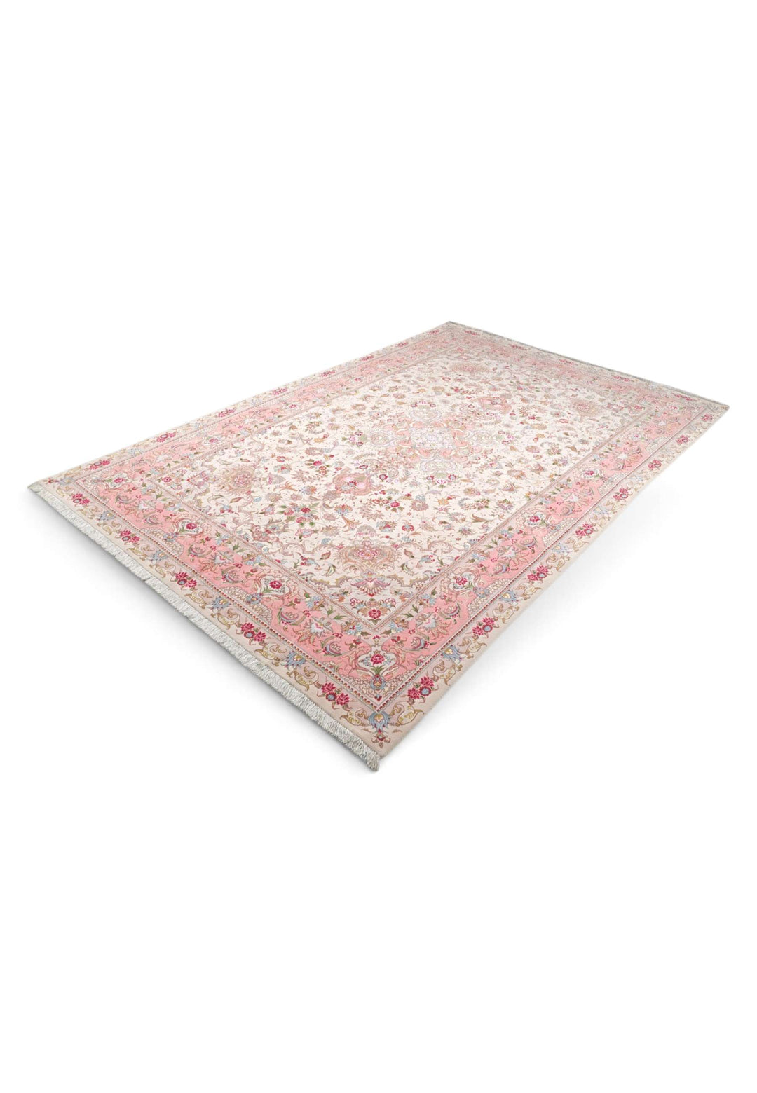 Corner of cream rose pink Tabriz hand-knotted rug