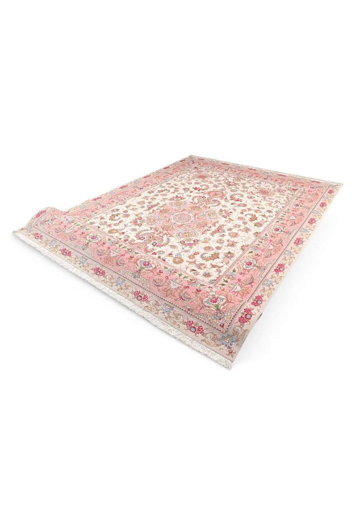 Cream rose pink Tabriz rug detail, Persian wool