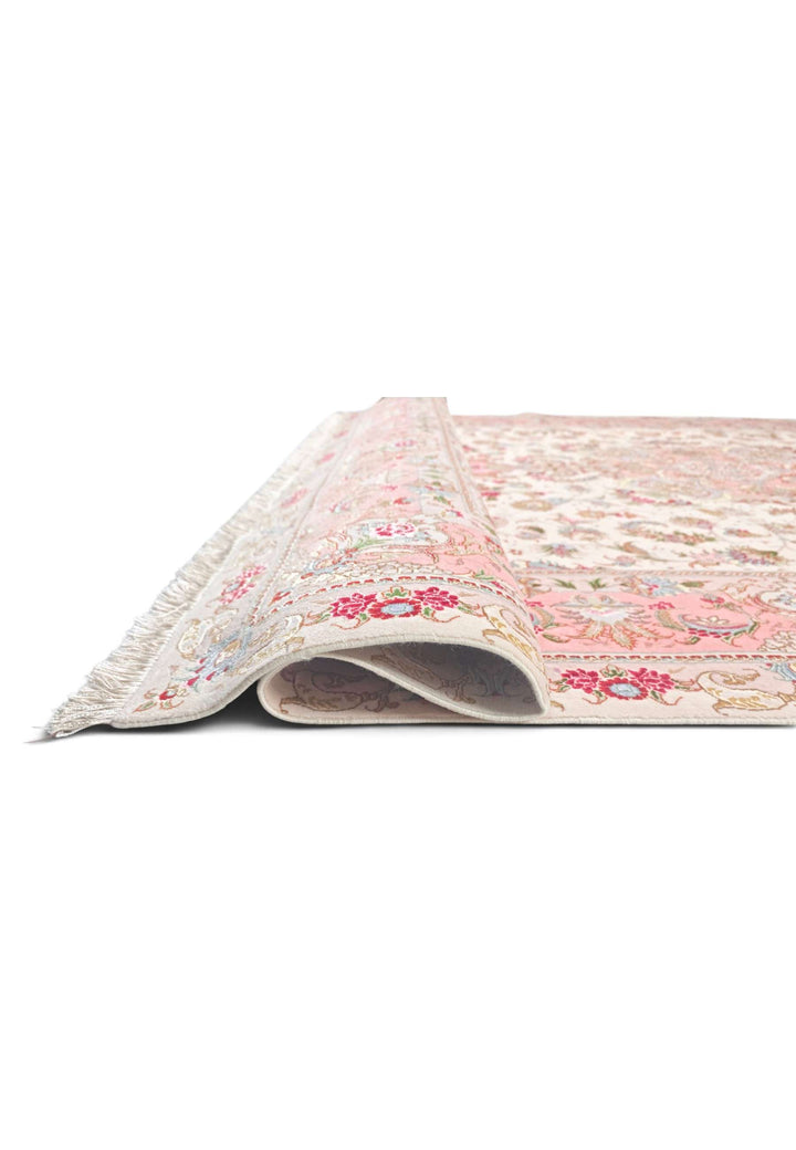 Cream and rose pink Tabriz Persian rug, hand-knotted