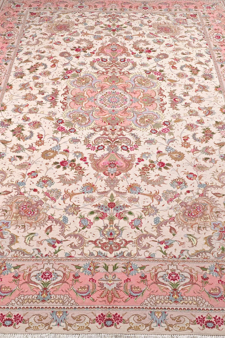 Cream rose pink medallion Tabriz rug field