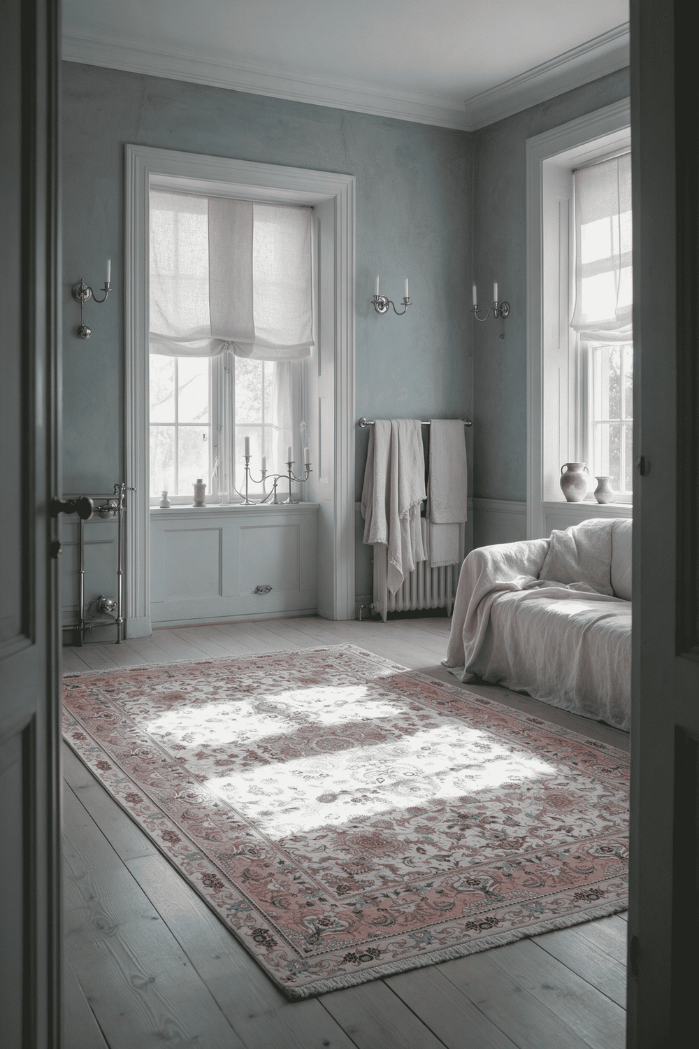 Medallion detail in cream and rose pink on Tabriz rug