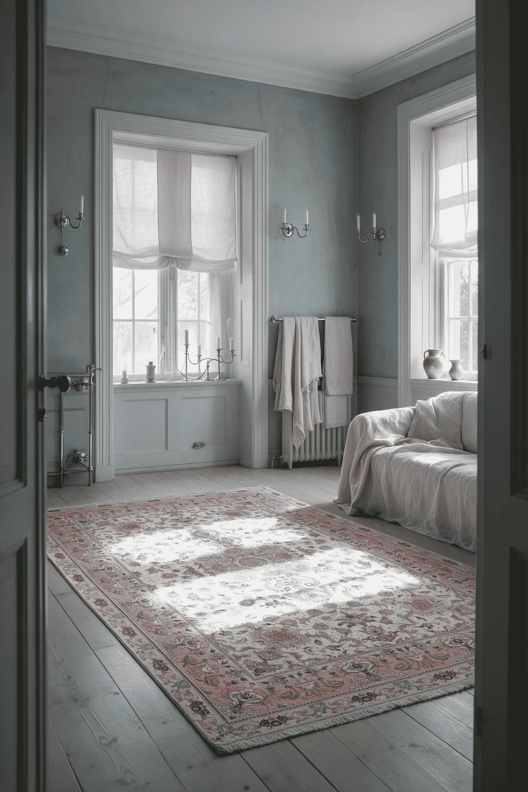 Medallion detail in cream and rose pink on Tabriz rug