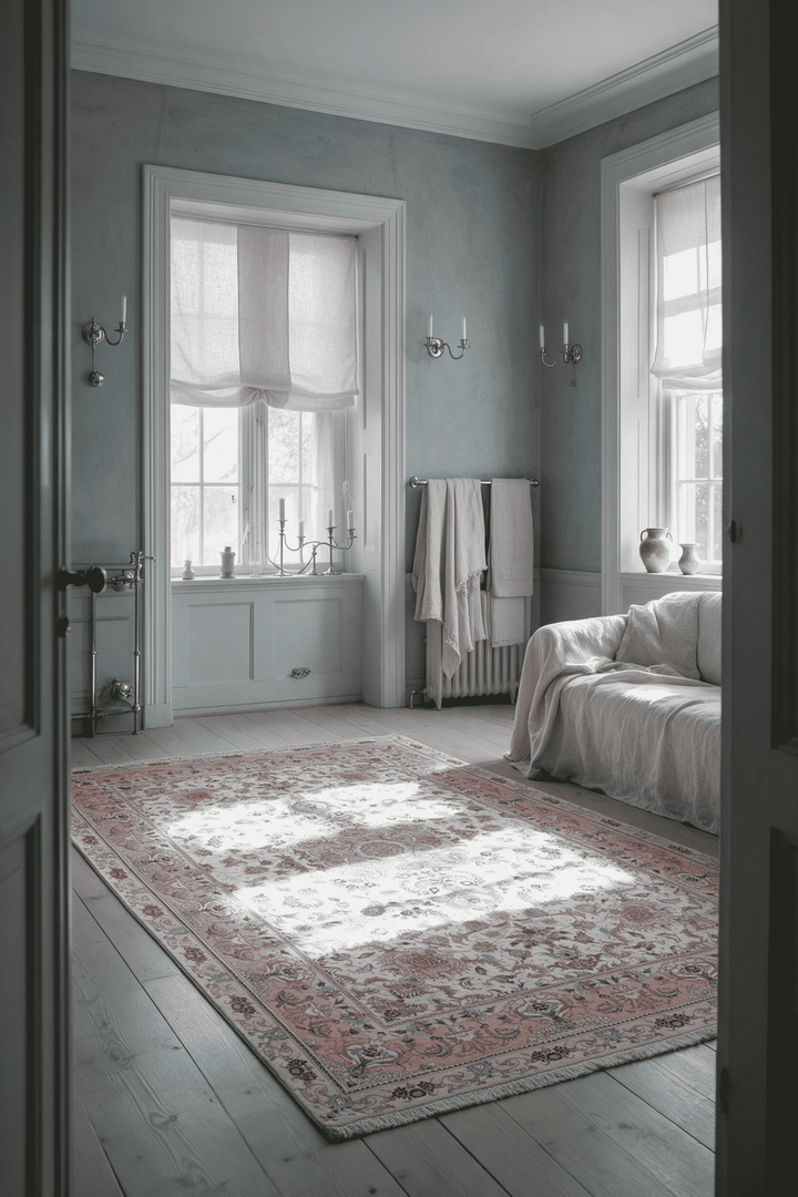 Medallion detail in cream and rose pink on Tabriz rug