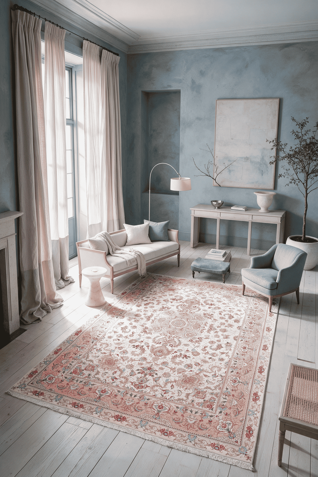 Floral field detail on cream rose Persian Tabriz rug